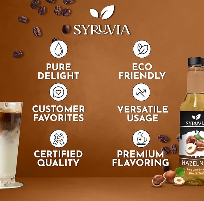 Syruvia Hazelnut Coffee Syrup - 12.7 fl oz Premium Coffee Flavoring Syrup - Kosher Coffee Syrups, Gluten Free, No Coloring, Perfect for Drinks, Soda, Shakes, Desserts, and More.