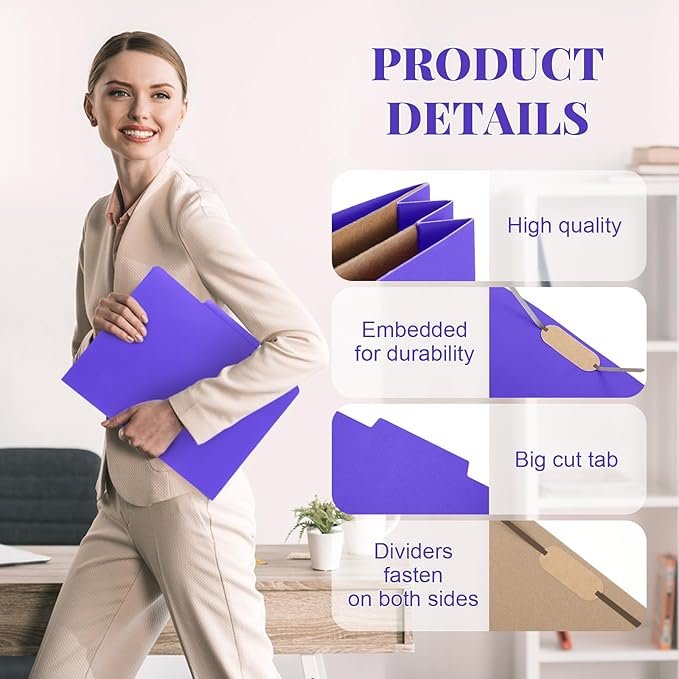 24 Pcs Classification Folders Letter Size, Back to School Supply for Teacher, Student, 2 Pocket Dividers Pressboard File Folder Bulk with 2 Fasteners, 2 in Expanding File Organizer (Purple)