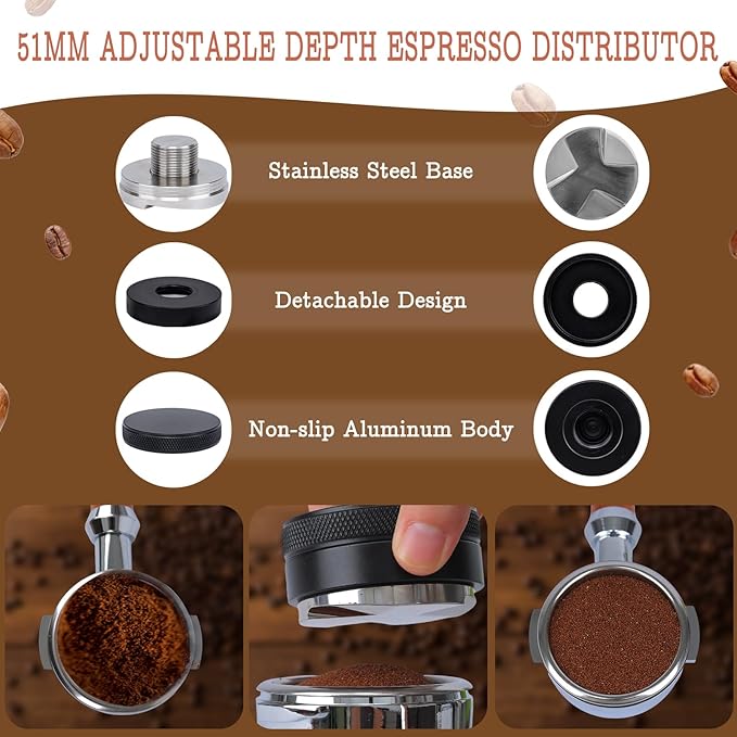 51mm Espresso Tamper Set - Spring-loaded Coffee Tamper, Adjustable Depth Espresso Distributor Leveler, Magnetic Dosing Funnel Aluminum Metal, Reusable Puck Screen, Fit for 51mm Portafilters