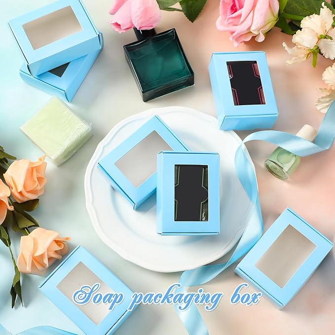 Zonon 30 Pcs Soap Boxes for Homemade Packaging, Mini Kraft Treat Boxes with Window for Bakery Candy Soap Making Gift Packaging(3.5 x 2.4 x 1.2 Inch,Blue)