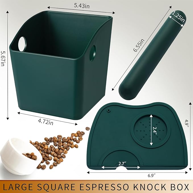 Large Square Knock Box Shock-absorbent Knock Box Espresso with Removable Knock Bar and Non-Slip Base Espresso Accessories for Home/Office (Large Green Knock Box with Tamper Mat)