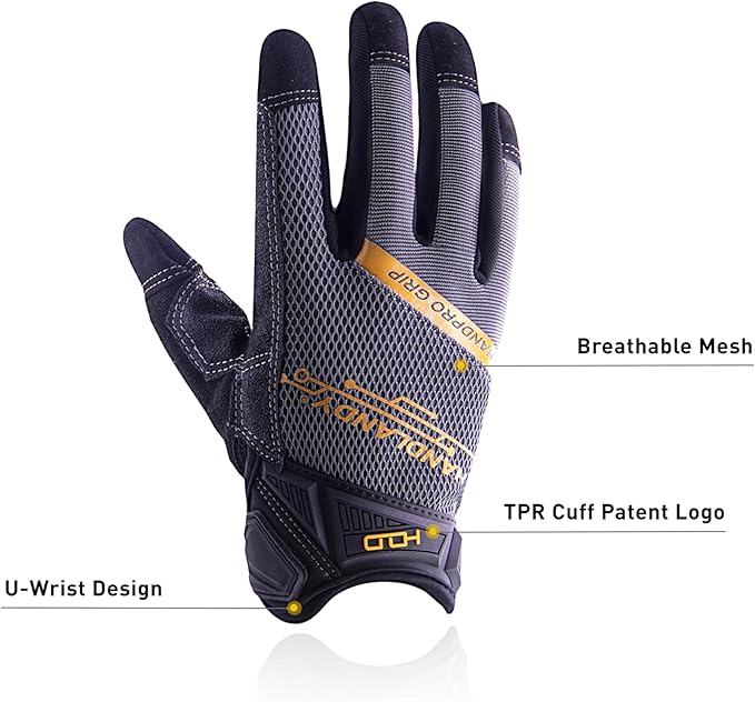 HANDLANDY Mens Work Gloves Touch screen, Utility Mechanic Gloves, Flexible Breathable Fit- Padded Knuckles & Palm
