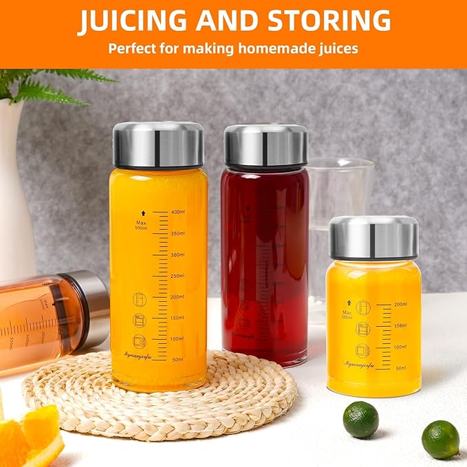 Glass Juice Bottles 16 oz - Wide Mouth Glass Water Bottles with Lids and Sleeve- for Juicing, Smoothies, Milk, Protein, Reusable, Stainless Steel Lids, Leak Proof, Shaker bottle (16oz/500ml)