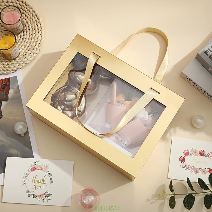 Gold Gift Box with Window, Gift Box with Lid and Handle, Clear Magnetic Gift Box for Present, Bridesmaid Proposal Box (10.5x7.5x3 Inches