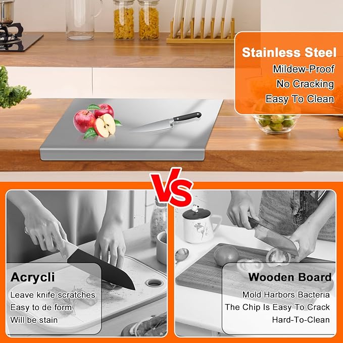 304 Stainless Steel Cutting Board with 2 Pack Non-Slip Mats, Yoposeo Heavy Duty Baking Cutting Chopping Boards for Kitchen, Meat, Fruits, Vegetables, Bread and Baking (15.7" X 11.8"/ 40 X 30cm)