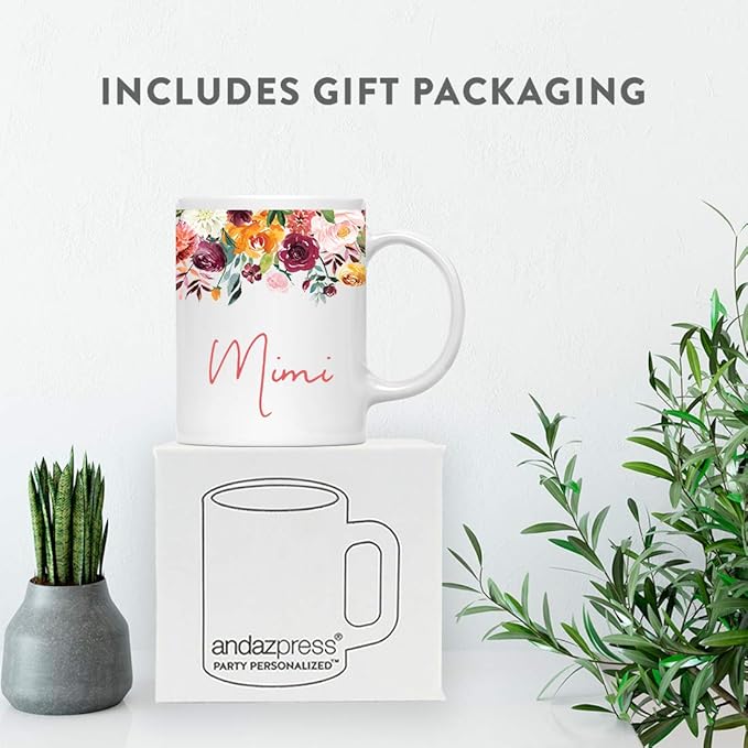 Andaz Press 11oz. Mother's Day Ceramic Coffee Tea Mug Gift, Fall Autumn Burgundy Orange Peach Flowers Roses Florals, Mimi, 1-Pack, Includes Gift Box, Birthday Christmas Gift Ideas