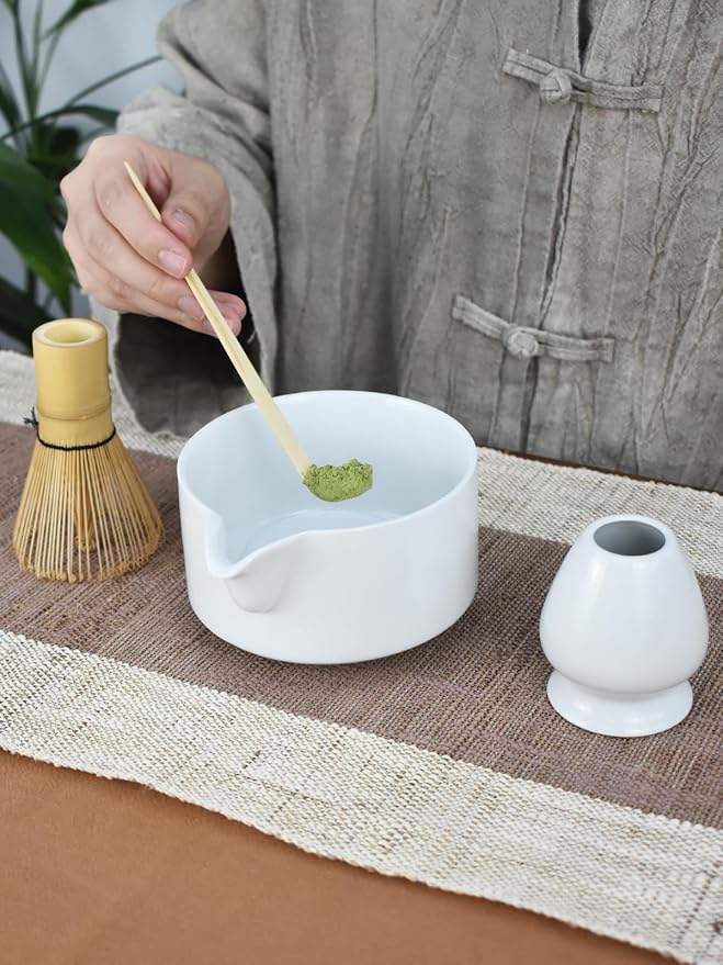 Artcome Premium Matcha Tool Set – Includes Matcha Bowl with Pouring Spout, Whisk, Whisk Holder, Tea Scoop & Matcha Manual - White