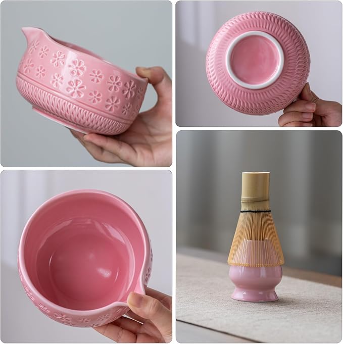 Matcha Whisk Set, Ceramic Matcha Set Includes Matcha Bowl, Matcha Whisk and Holder, Bamboo Scoop, Scoop Rest, Sifter and Tea Towel - 7 Pcs Matcha Kit for Matcha Lovers (Pink)