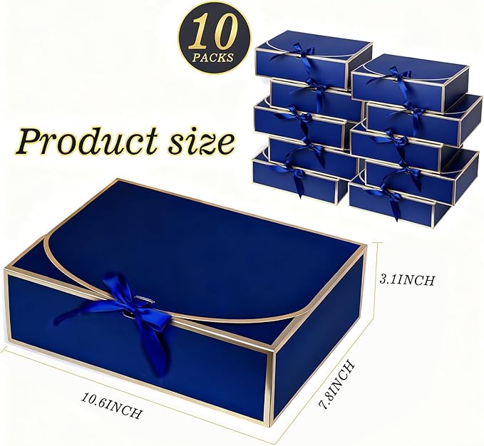 WLUSEAXI 10Pack Blue Gift Boxes, 10.6x7.8x3.1Inch Bridesmaid Proposal Box with Ribbons, Gift Boxes with Lids for Presents, Mother's Day, Wedding, Groomsmen Proposal, Birthday Party