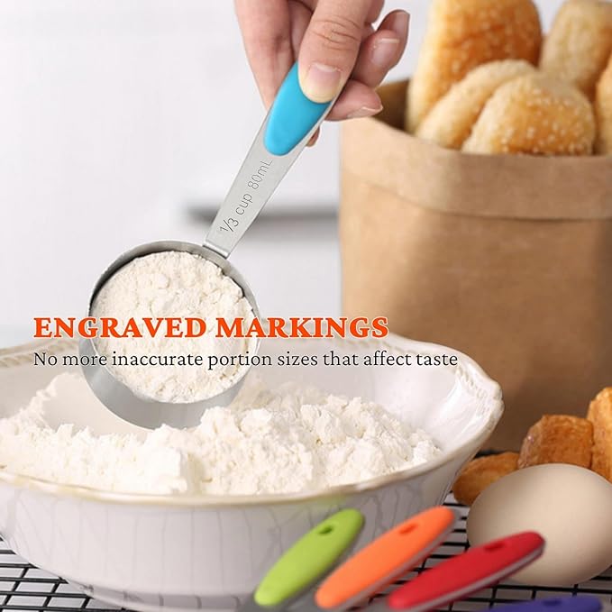 Measuring Cups and Spoons Set of 15, Include 5 Stackable Stainless Steel Cups, 5 Measuring Spoons and 5 Tiny Spoons, Metal Measuring Cups Set with Colored Silicone Handles for Cooking & Baking