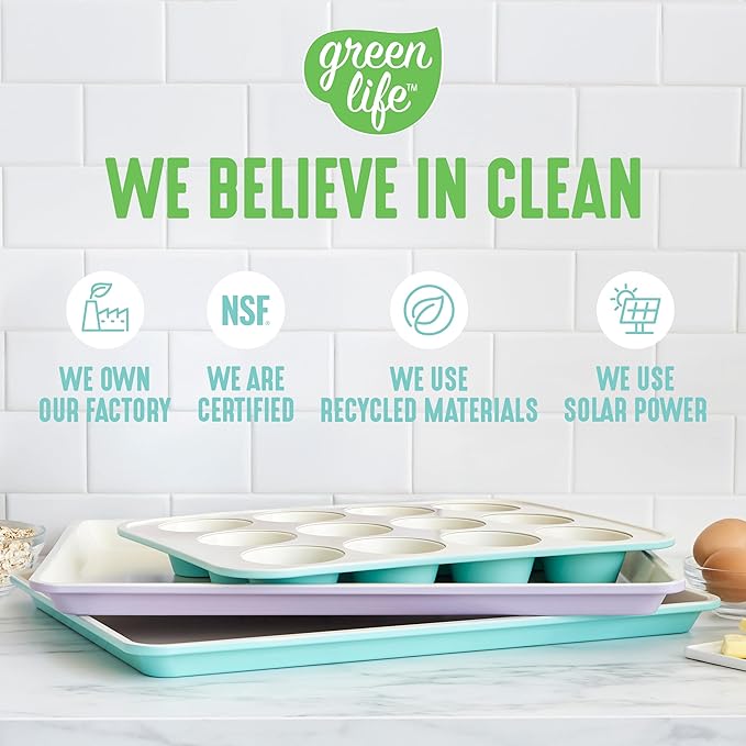 GreenLife 12-Cup Muffin Pan, Healthy Ceramic Nonstick Bakeware, PFOA & PFAS-Free Cupcake Tray, Durable Baking Pan, Versatile Kitchen Essential, Easy Clean Muffin Mold, Nonstick Baking Sheet, Turquoise
