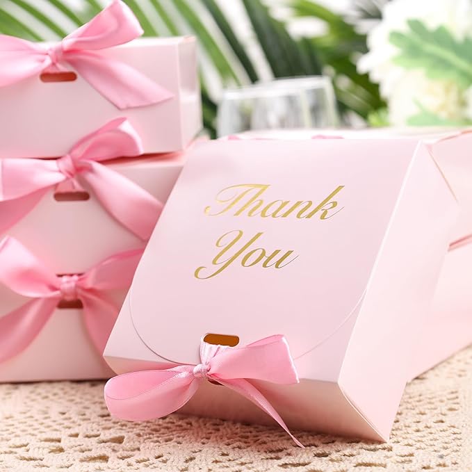 VGOODALL 20PCS Thank You Gift Boxes, 4.5x4.5x1.9Inches Mini Party Favor Boxes Pink Treat Bags with Bow Ribbon for Wedding Bridal Baby Shower Birthday Party