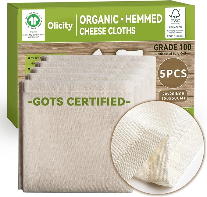 Organic Cheese Cloths, GOTS Certified, 5PCS, Grade 100, 20x20Inch Hemmed Cheese Cloth Fabric Reusable Fine Mesh Cloth, 100% Cotton Unbleached Muslin Cheesecloth for Straining, Cooking, Butter,Tofu,Tea
