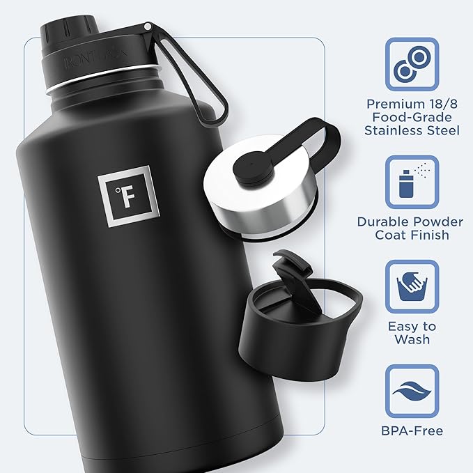 IRON °FLASK Camping & Hiking Hydration Flask with 3 Lids - Stainless Steel, Double Walled & Vacuum Insulated Water Bottle - Leak Proof & BPA Free (Sky, Spout - 64 oz)
