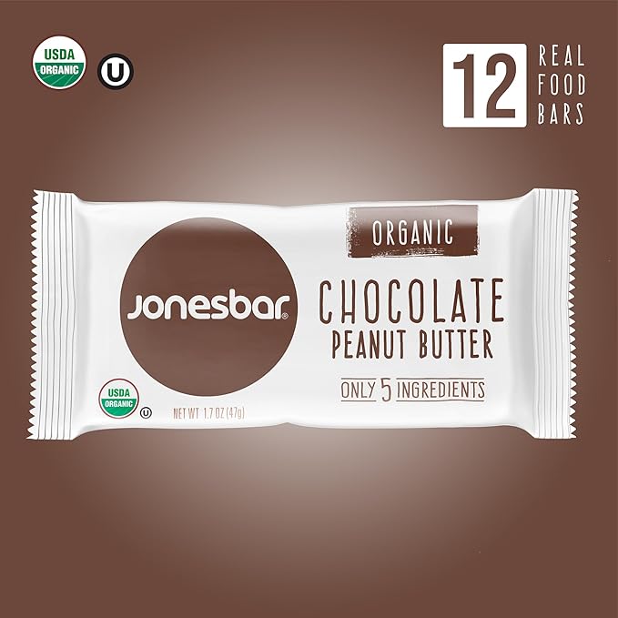 JONESBAR Organic Plant Based Protein Bars | Chocolate Peanut Butter | Fruit & Nut Bar, Kosher, Gluten Free, Breakfast Bars, School Snacks, Vegan Snack & Healthy Snacks for Adults and Kids (Pack of 12)