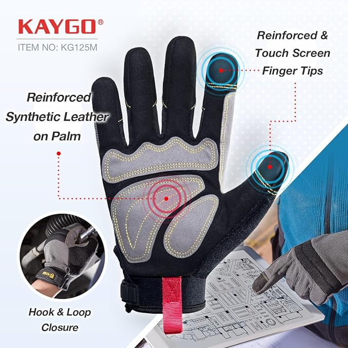 KAYGO Work Gloves For Men, KG125M Mechanic Utility Work Gloves for All Purpose, Excellent Grip, Heavy Duty, Improved Dexterity, Touch Screen,M