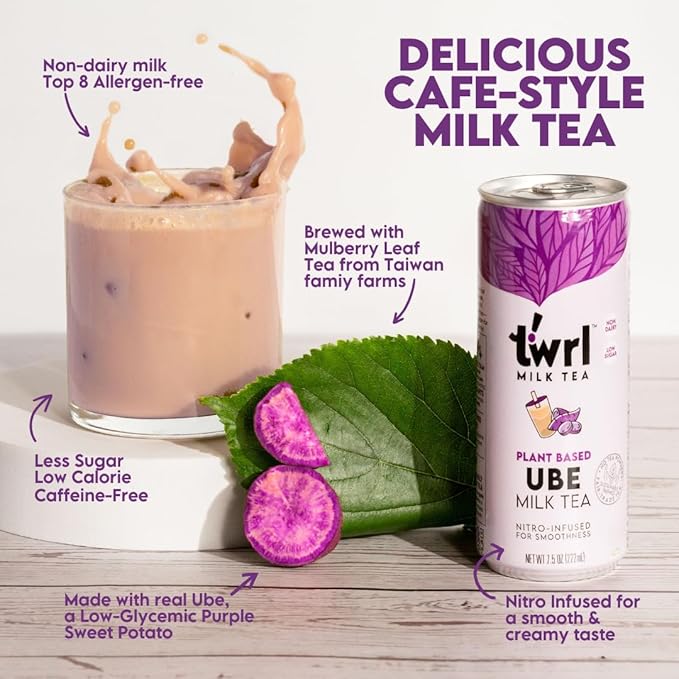 Twrl Milk Tea - Ube Milk Tea Made with Plant-Based Milk, Caffeine-Free, Low Sugar, Organic, Antioxidant-Rich and Nitro-Infused for Smooth Taste - 7.5 Ounce, Pack of 12