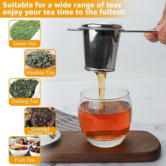4 PCS Tea Strainer with Lid 304 Stainless Steel Tea Infuser Basket for Loose Tea Extra Fine Mesh Tea Diffuser Long Handle Tea Strainers Filters for Hanging on Teapots Mugs Cups