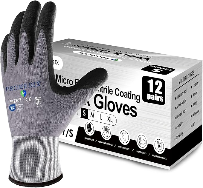 PROMEDIX P Nitrile Coated Work Gloves,MicroFoam Safety Work Gloves Men,Seamless Knit Nylon&spandex Gloves with Grip