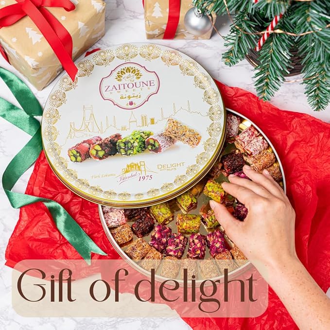 Zaitoune Turkish Delight Mix - 22 oz | Luxury Coatings of Pomegranate, Pistachio, Coconut, Kataifi & Rose | Authentic Lokum Sweet Assortment in a Beautiful Gift Tin | Handmade & Individually Wrapped