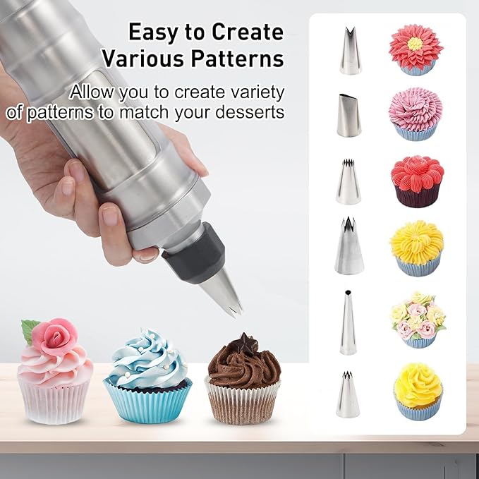 Cake Decorating Kit with 6 Stainless Steel Piping Tips, Frosting Gun & 8 Silicone Cups – Baking Supplies for Cake, Cupcake, Cookie Decorating – Piping Bags and Tips Set for Beginners & Bakers