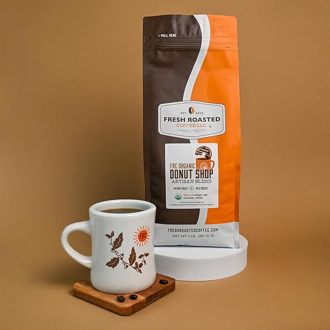 Fresh Roasted Coffee, Organic Donut Shop, 2 lb (32 oz), Medium Roast, Kosher, Whole Bean