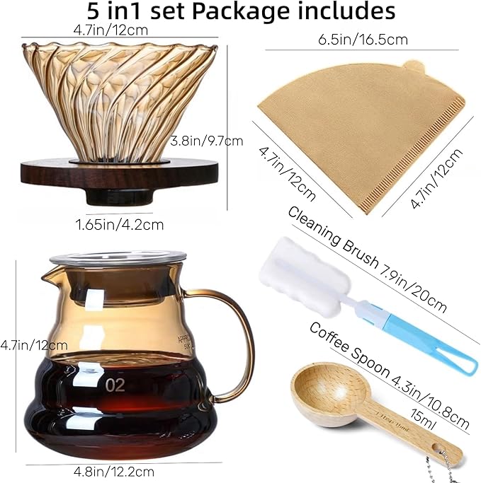 Pour Over Coffee Maker Set 20 oz, 600 ml Borosilicate Glass Coffee Server with Glass Lid, 50 pcs Paper Filter, Walnut Handle Pour Over Coffee Dripper for Home Café Restaurant, Gold