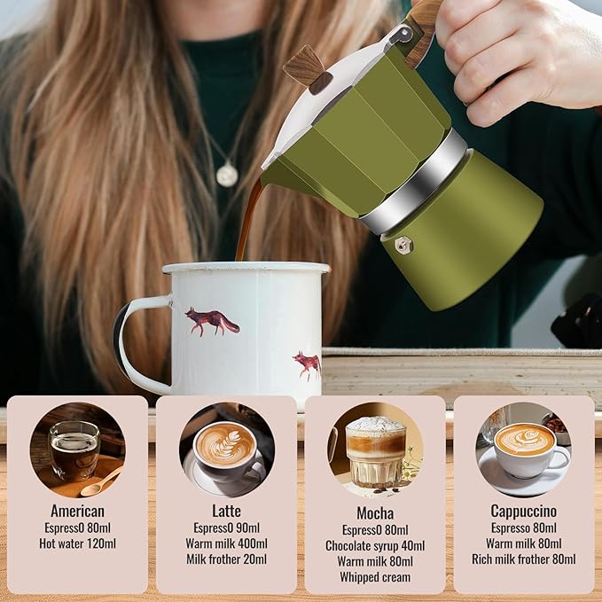 6 Cup Aluminum Moka Pot Classic Stovetop Espresso Coffee Maker 300ml 10oz Coffeemaker Percolator Mocha Pot Greca Coffee Maker Cafe Makers for Italian and Cuban Café Brewing Green