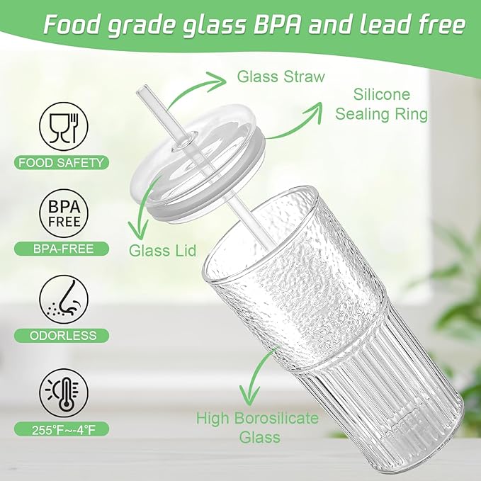 Glass Cups with Lids and Glass Straws, High Borosilicate 20OZ Tumblers (2Pcs) for Coffee, Tea, Juice, Smoothies, Hot/Cold Drinks at Home, Office