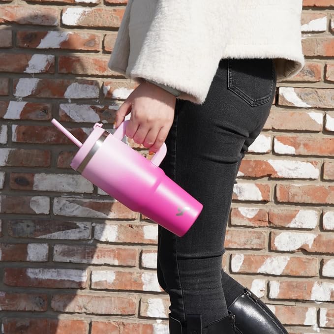 30 oz Tumbler with Handle and 2 Straws,2 in 1 Lid Insulated Water Bottle Stainless Steel Travel Coffee Mug,Gum