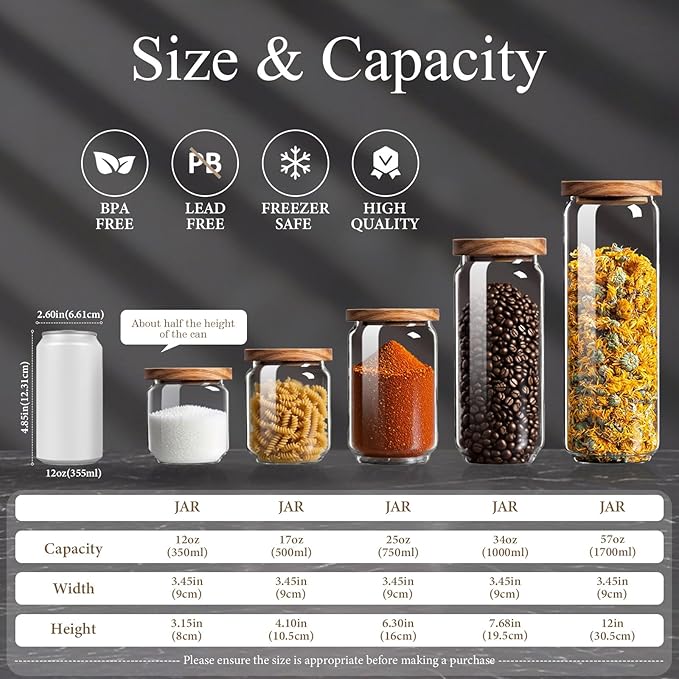 Glass Jars with Airtight Wood Lids - 12 oz Small Kitchen and Pantry Storage Containers, Canisters for Chia Seed, Ground Coffee, Sugar, Spice, Salt, Salad, Matcha, Set of 2