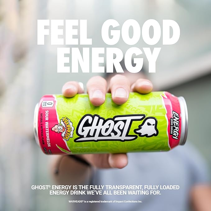 GHOST Energy Drink - 12-Pack, Warheads Sour Watermelon, 16oz - Energy & Focus & No Artificial Colors - 200mg of Natural Caffeine, L-Carnitine & Taurine - Gluten-Free & Vegan