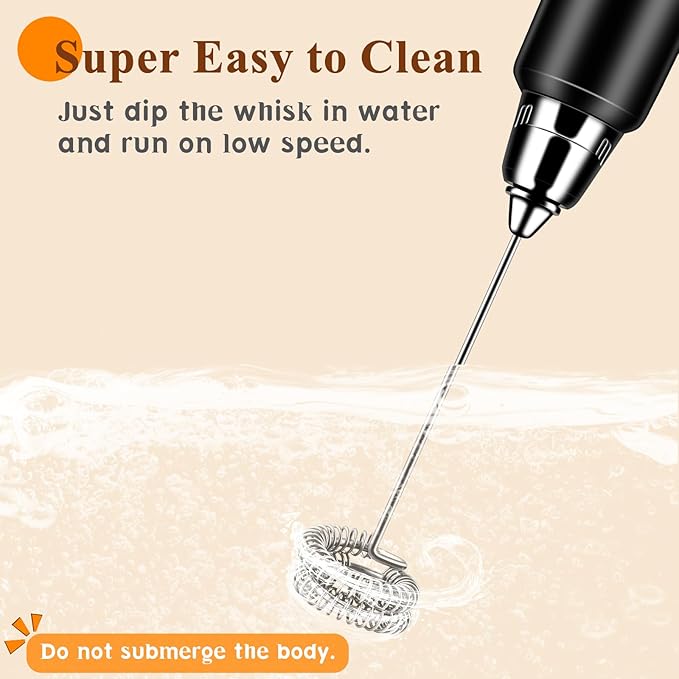 Milk Frother Handheld Rechargeable with Stand, Frother Wand Drink Mixer Electric Whisk for Coffee, Detachable With 3 Stainless Whisks, Hand Mixer for Lattes, Cappuccino, Matcha, Egg, Black