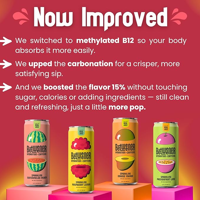 Betweener Sparkling Energy Seltzer, Sparkling Water w/Real Juice & 100mg Caffeine, Light & Refreshing, L-Theanine for Focus, Vitamins B+C - Low Sugar - 45 Cals - Variety Pack (12 Pack)