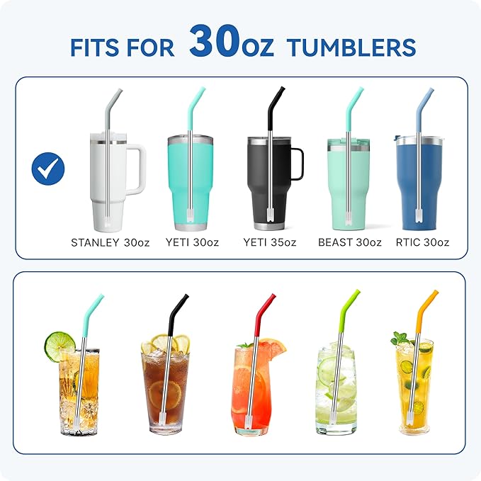 Reusable Metal Straws with Silicone Tip for Stanley 30oz,Stainless Steel Drinking Straws for 30oz Tumbler,3 Straight Tubes & 6 Tips& 1 Cleanr Brush (White)