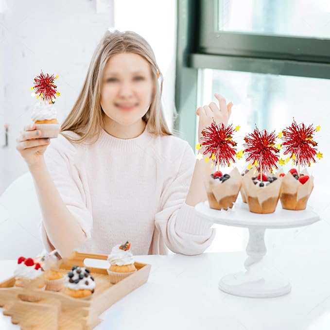 30 PCS Foil Firework Cupcake Toppers Happy Birthday Star Cupcake Picks Sparkle Tinsel Drink Stirrers Cocktail Fruit Toothpicks for Valentine's Day Wedding Birthday Party Decorations Supplies Red
