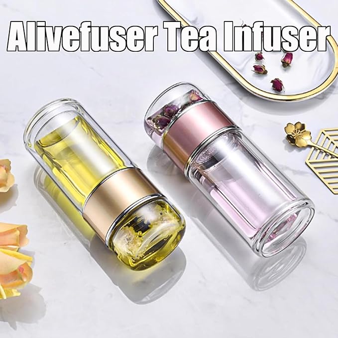 Tryteava Glass Infuser, Tryteava 3-in-1 Smart Tea Infuser, Portable Glass Double Wall Tea Infusers Bottle, with Stainless Steel Filter, Hot & Cold Brew, For Loose Leaf, Office Home (Gold, 350ml)
