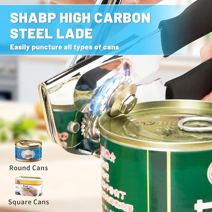 Commercial Can Opener,Stainless Steel Heavy Duty Hand Crank Can Openers with Comfortable Extra-long Handles,Ergonomic Design,Black