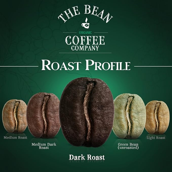 The Bean Organic Coffee Company 50/50 (Half Caff) French Roast, 50% Decaf, Dark Roast, Ground Coffee, 16-Ounce Bags (Pack of 2), Café Molido Tostado Orgánico descafeinado