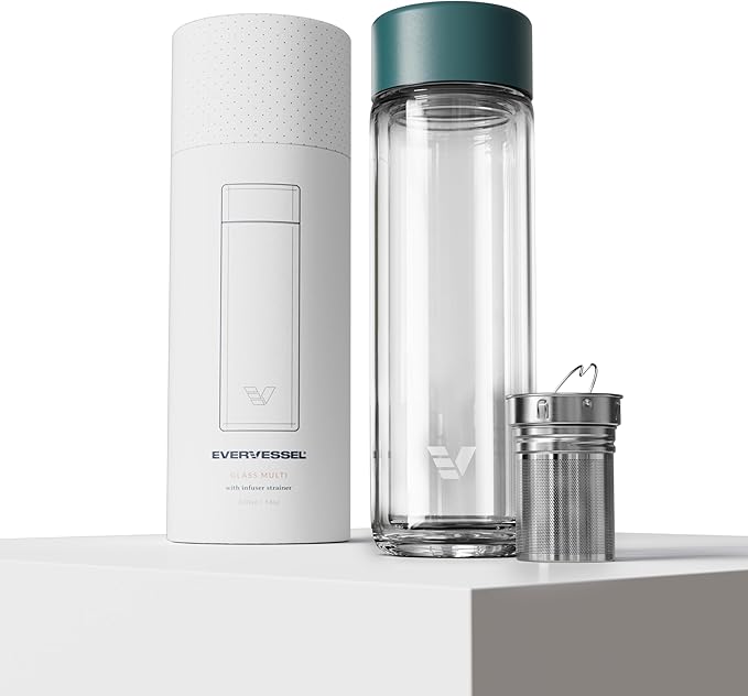 Glass Multi Tea Infuser Bottle 14oz - Double Wall Borosilicate Glass Flask | No Plastic Touches Contents | Perfect for Office or Home - Dark Green