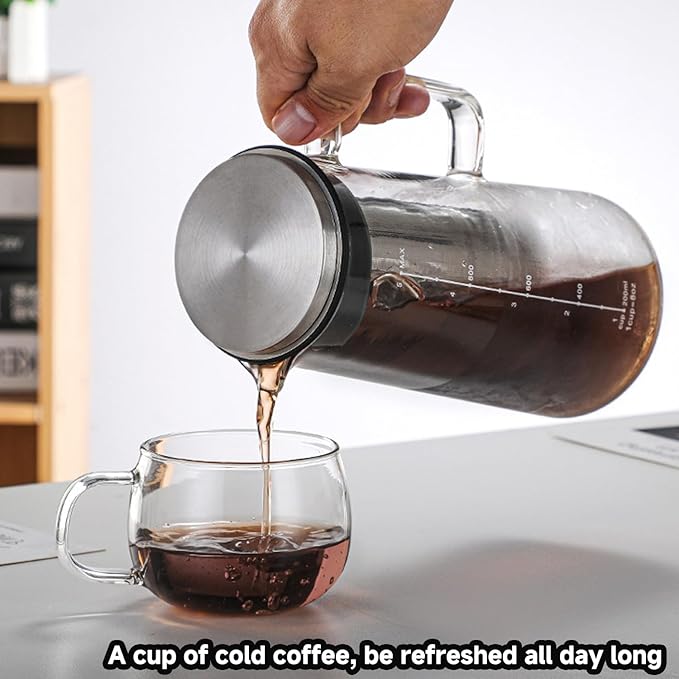 Cold Brew Coffee Maker Borosilicate Glass with 304 Stainless Steel Filter, Tea Infuser Ice Cold Brew Pitcher Kitchen, with Spout Kitchen Iced (48oz (1.4 L))