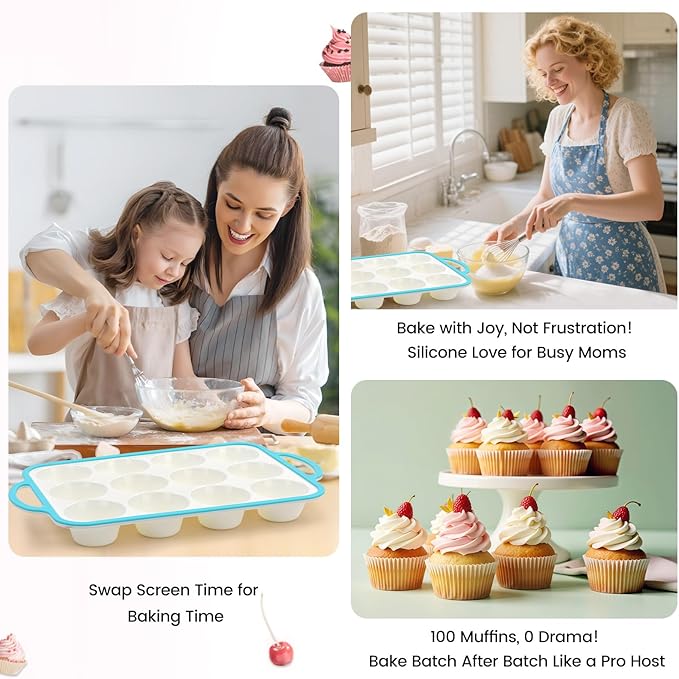 Silicone Muffin Pans for Baking 1 Pack, 2.6 Inch with Metal Reinforced Frame, Regular Size Nonstick Cupcake Pan 12 Cups for Baking Homemade Muffins, Dishwasher Safe BPA Free-Blue