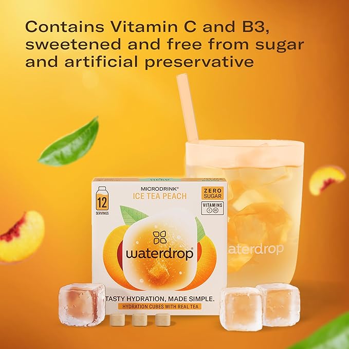 Waterdrop Hydration Cubes with Vitamin C, B Vitamins, and Electrolytes, Iced Tea Peach Flavor, Flavored Water Enhancer Cubes for Still & Sparkling Water, Low Calorie, Sugar Free, Gluten Free, 24 Count