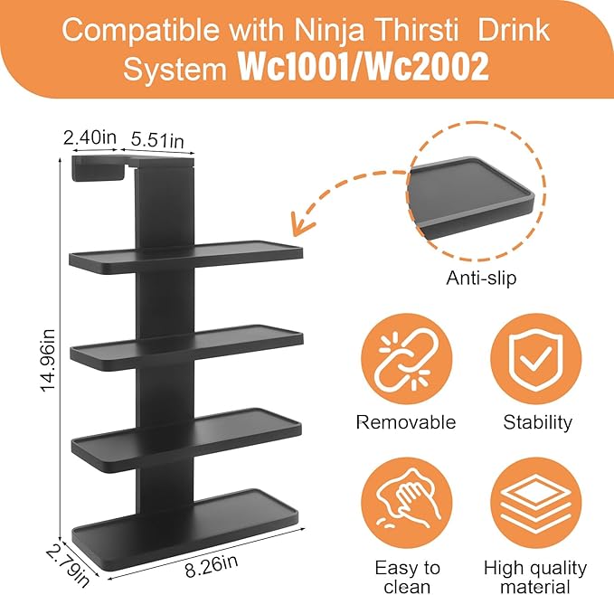 Flavor Pods Holder Compatible With Ninja Thirsti,Side-Mounted 4-tier Flavor Storage Holder Holds 20 Flavore Water Drops,Wooden Organizer for Ninja Thirsti WC1001/WC2002 Soda Maker Drink System