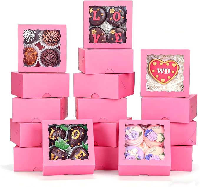 40PCS 4x4x2 Inches Pink Bakery Boxes with Clear Window – Ideal for Cookie, Strawberry, Macaron, Ores, Chocolate Truffles, Donut, Pie –Great for Party, Wedding, Valentine's, Birthday, Christmas Favor
