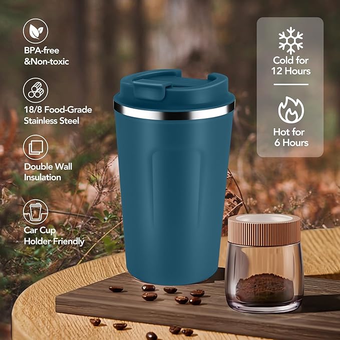 Volhoply 12 oz Double Wall Insulated Vacuum Travel Coffee Mug with Flip Lid Bulk 8 Pack,Reusable Stainless Steel Leak Proof Coffee Cup,Portable Cafe Thermal Tumblers for Hot & Cold Drinks(Bule,8 Set)