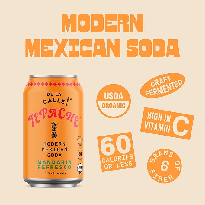 De La Calle Tepache - Mandarin - Modern Mexican Soda - Craft Fermented Pineapple Sparkling Beverage - Certified Organic, Antioxidant Rich, Non-Alcoholic, Healthy Soda, Low Sugar, Low Calorie, Non-GMO