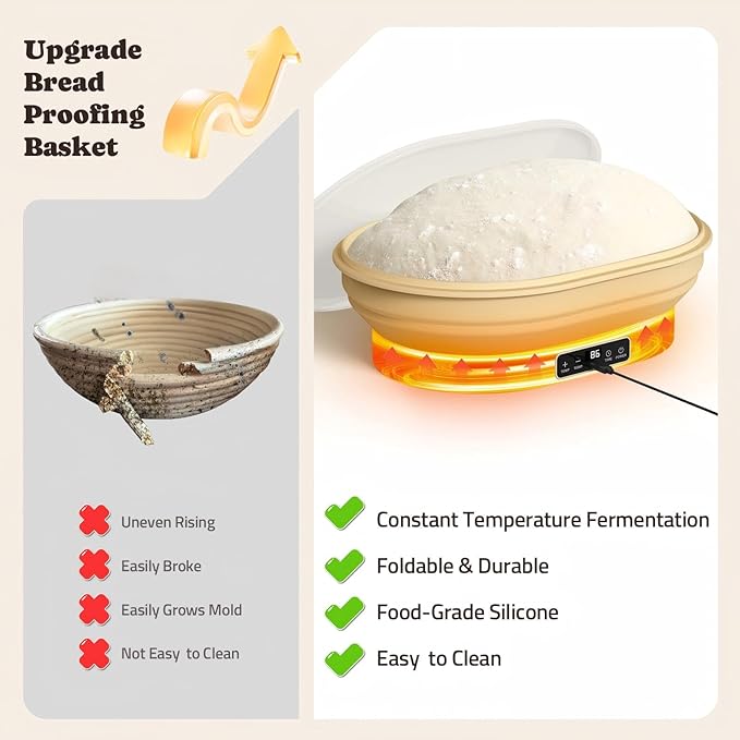 Heating Sourdough Bread Proofing Basket, 4L Electric Thermostatic Silicone Oval Banneton Proofing Bowl with 6 Timer & Temp Settings for Dough Rising, Dishwasher Safe, Foldable Sourdough Starter Bowl