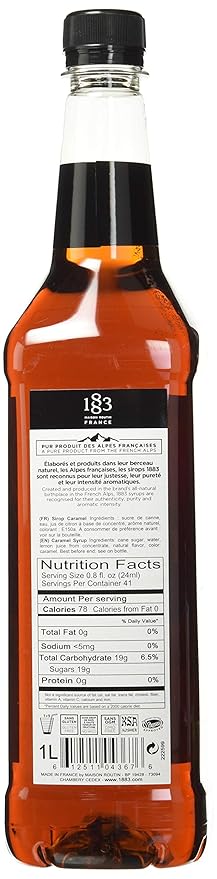 1883 Caramel Syrup for Drinks, Made in France, 1 Liter Plastic Bottle