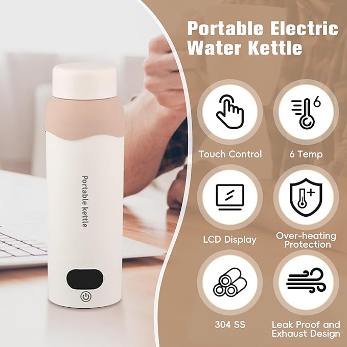 Travel Electric Kettle 304 Stainless Steel Portable Water Heater 450ml Plug in Small Water Boiler with Storage Bag
